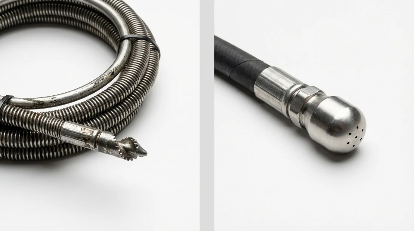 Drain snake cable and hydro jetting nozzle used for drain cleaning in White Cloud, MI