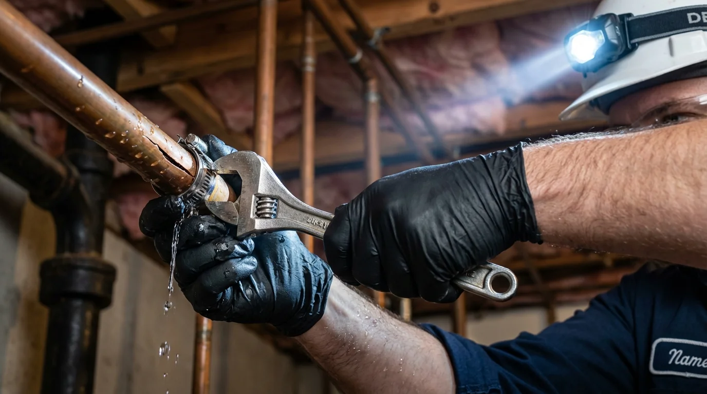 Emergency pipe clamp repair being performed by a Johns Plumbing LLC plumber in White Cloud