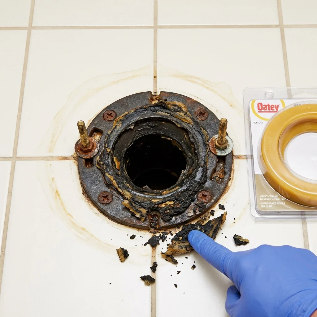 Failed wax ring showing water seepage at the base of a toilet in a White Cloud, MI home