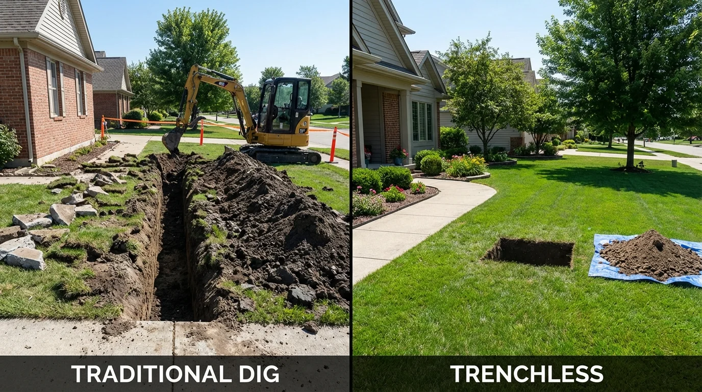 Trenchless sewer repair with minimal yard damage versus traditional excavation in White Cloud, MI
