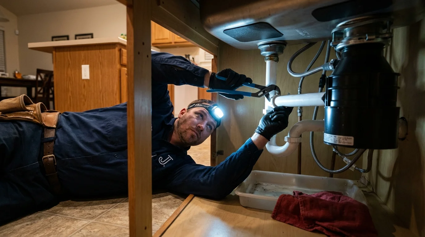 P-trap and supply line connections under a kitchen sink showing a common leak point in White Cloud, MI